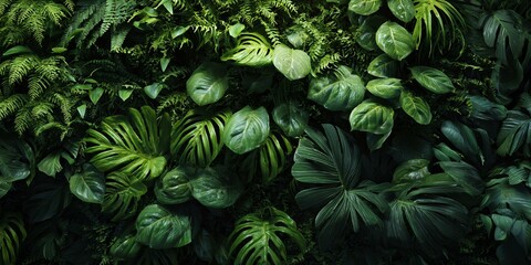 Dark green plants growing in a lush foliage background of tropical leaves like anthurium, epiphytes, or ferns, forming a beautiful green plant wall generated image