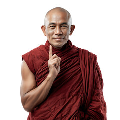 Monk in traditional robes gestures calmly with a knowing smile in a serene setting