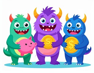 Fototapeta premium Friendly monster characters teaching about money