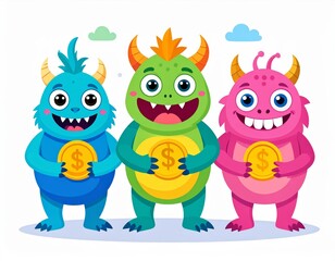 Fototapeta premium Friendly monster characters teaching about money