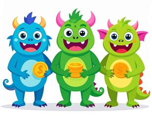 Naklejka premium Friendly monster characters teaching about money