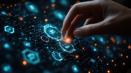 A hand interacts with a glowing digital interface, filled with abstract data points and icons
