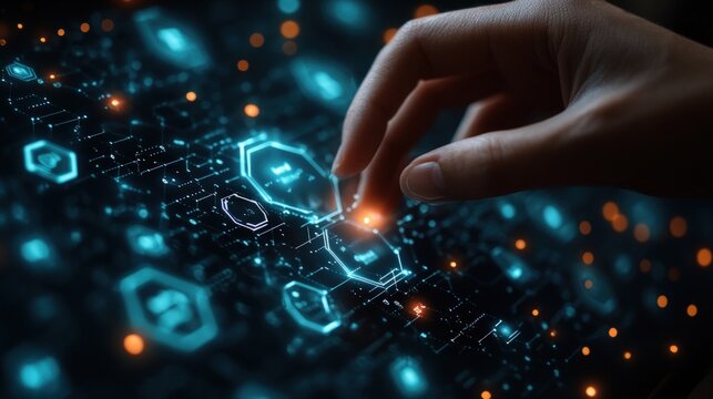 A hand interacts with a glowing digital interface, filled with abstract data points and icons
