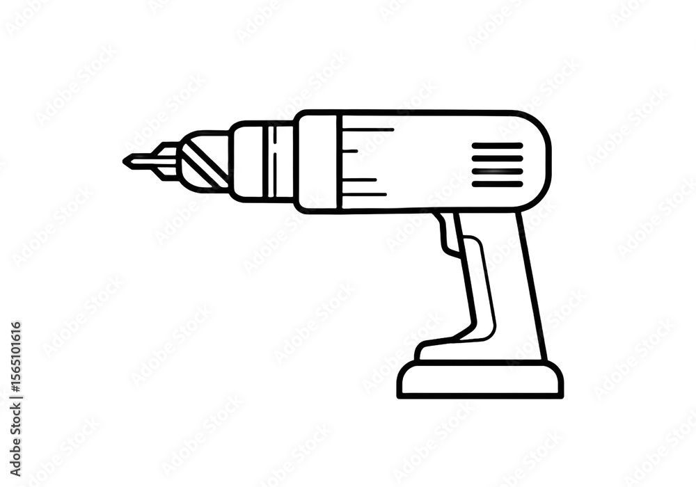 Poster a simple black and white line drawing of a power drill with a visible drill bit on a white backgroun