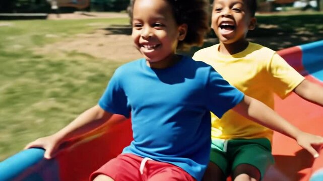 Dos niños deslizándose a gran velocidad por un tobogán