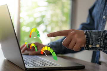 Business man evaluate rating on KPI target in view of safety quality schedule and cost floating on screen