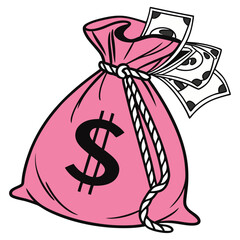 Pink Money Bag with Dollar Sign and Cash