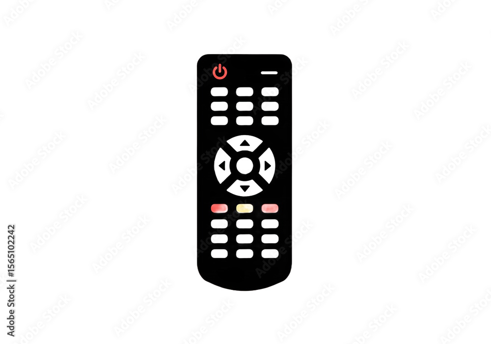 Poster a black remote control with white buttons and a red power button isolated on white background