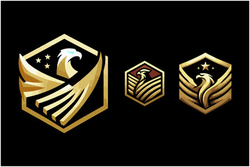 This is a gold eagle logo inside a shield, suitable for use in designing gaming company logos, soccer teams, jersey logos, sports teams, flags, softcases, cellphone casings,