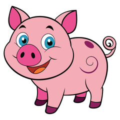 Happy Cartoon Pig with a Curly Tail