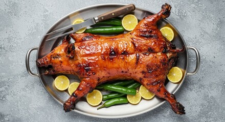 Roasted Suckling Pig Platter - A succulent, barbecued suckling pig, glistening with a crispy glaze, rests on a platter surrounded by lemon slices and chili peppers.