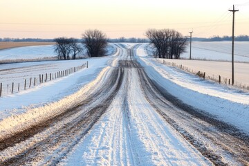 Obraz premium Winter Road's Fork: Snowy Country Road Splits, Leading to Horizon, Serene Landscape.