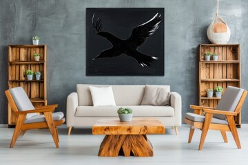 Modern Minimalist Interior with Abstract Bird Artwork