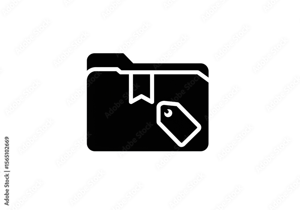 Fototapete A black folder icon with a bookmark and a tag isolated on a white background in a simple style