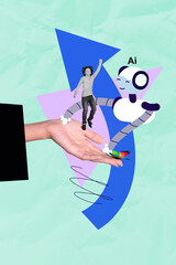 Composite zine pop art trend collage of happy preteen schoolboy jump human hand hold butterfly artificial intelligence robot