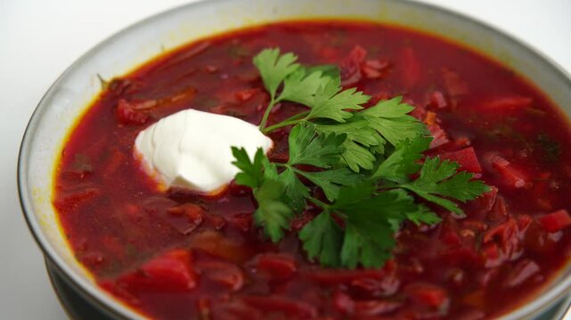 A bowl of of borscht red soup with a green leaf on top. The soup is garnished with a dollop of sour cream.