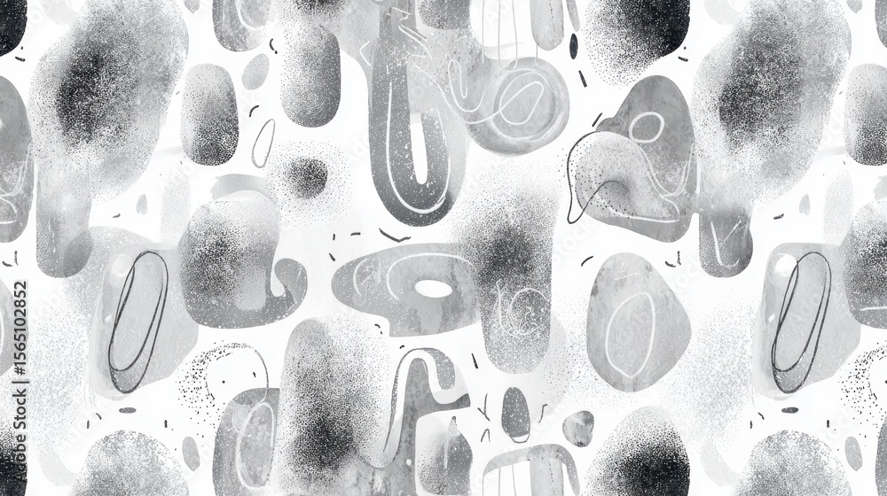 Poster watercolor gray blobs and black linear elements overlapping on white surface, creating abstract mini