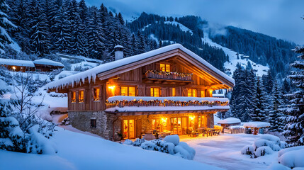 Cozy chalet nestled in snowy mountain landscape at twilight.  Warm interior lights illuminate the wooden structure. Festive decorations adorn the exterior.  Snowy terrain surrounds the home