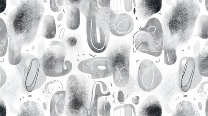 Watercolor gray blobs and black linear elements overlapping on white surface, creating abstract minimalist pattern with contemporary graphic design aesthetic