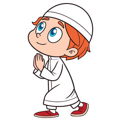 A young Muslim boy in traditional clothing praying