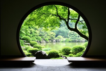Fototapeta premium Serene Zen Garden Vista: Circular Window Framing Lush Greenery, Tranquil Pond