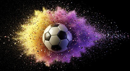 Naklejka premium Soccer Ball Energy Burst - A vibrant soccer ball explodes in a burst of colorful energy, symbolizing excitement, power, victory, speed, and dynamism