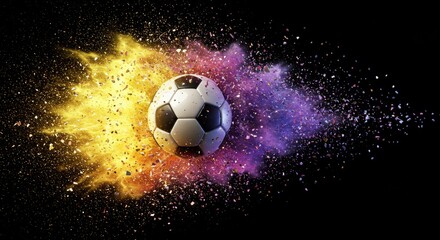 Naklejka premium Soccer Ball Energy Explosion - A vibrant soccer ball explodes in a burst of colorful energy, symbolizing power, excitement, speed, victory, and passion