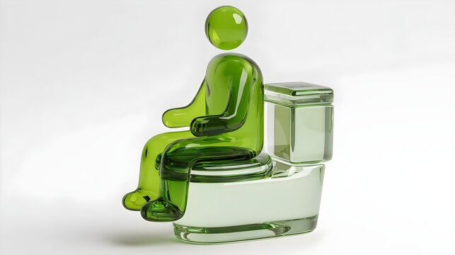 3D man sitting on a green glass toilet, on white icon background. Symbolizes eco-friendly design, sanitation, and quirky modern visuals, ideal for apps, infographics, logo for man wc, novelty branding