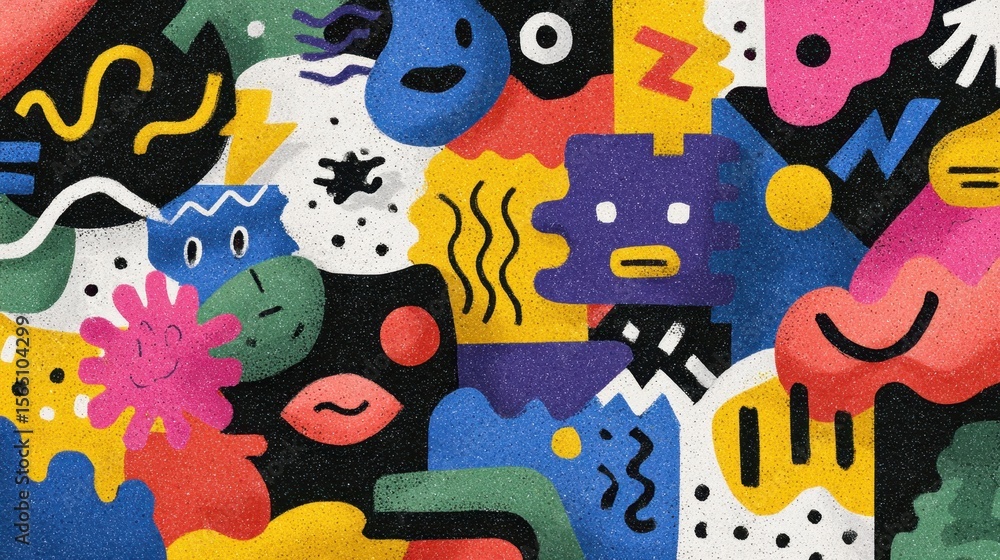 Poster colorful cartoon shapes overlapping with vivid textures, generating dynamic visual energy through pl