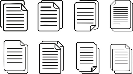 Vector Set of Paper Icons Featuring Horizontal Text Lines and Graphic Design Elements in a Simple Two-Row Grid Composition