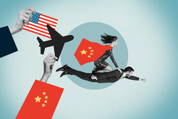 3D collage design composite trend artwork of hand hold usa flag flight young lady fly sit man...