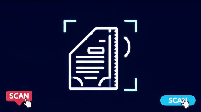 Glowing document scan icon with corners on a dark blue background