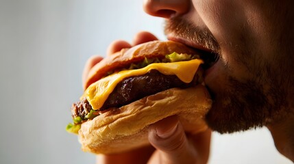 Close-up of a man preparing to bite into a delicious cheeseburger with fresh ingredients