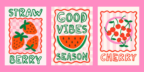 Summer fruits and berries vector posters set. Bright tropical juicy print designs with strawberry, cherry, watermelon illustrations in whimsical frames