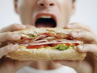 Young man excitedly holding a large sandwich in front of his mouth with a plain background