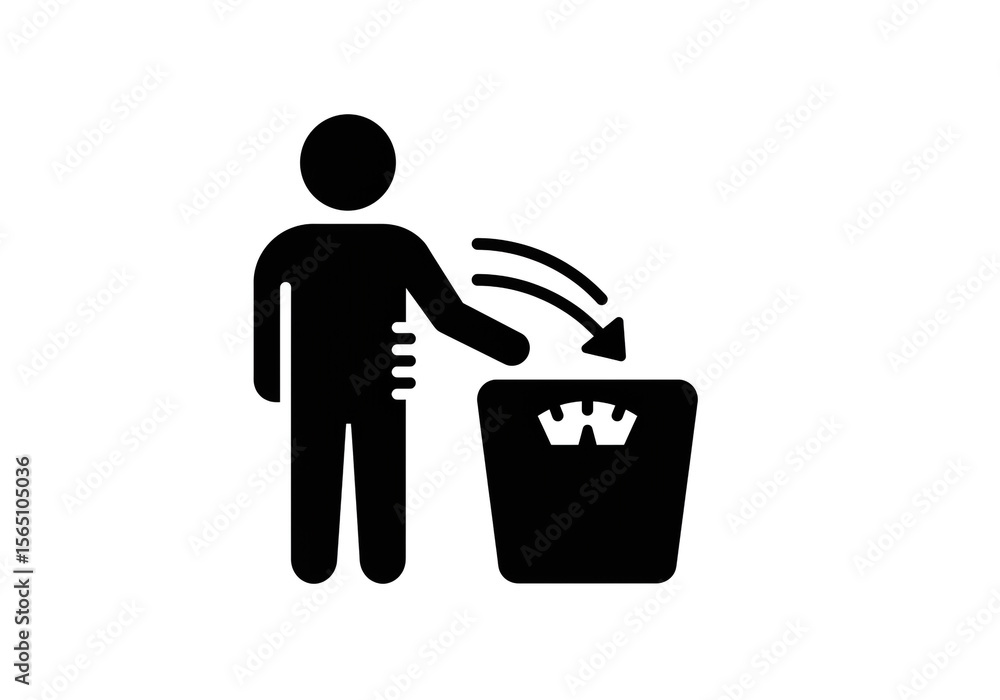 Poster a person throwing their weight scale in the trash with an arrow pointing downwards icon image