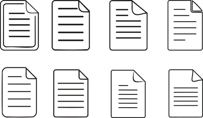 Vector Collection of Eight Minimalist Document Icons with Black Outlines and Curled Corners in a Clean Grid Layout on White Background

