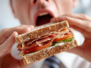 Close-up of a businessman eagerly preparing to eat a delicious sandwich in a bright office setting