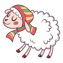 A cute cartoon sheep wearing a hat and scarf