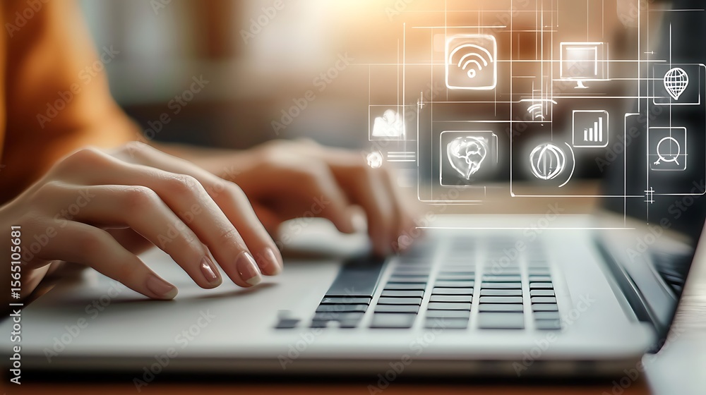 Fototapete person typing on a laptop with digital interface overlay representing modern technology and data ana