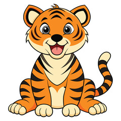 Cute Cartoon Tiger Cub Smiling and Sitting