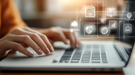 Person typing on a laptop with digital interface overlay representing modern technology and data analysis concepts