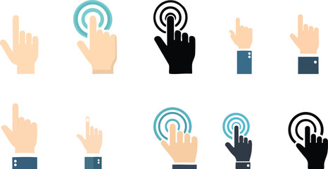 Vector Set of Stylized Hand Icons with Pointing and Tapping Gestures in Skin Tones and Solid Black, Arranged Neatly on a White Background for Digital Interface Design

