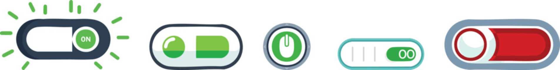 Vector Interface Illustration of Five Modern Toggle Switches in Various On and Off States with Digital UI Elements and Soft Lighting on a White Background

