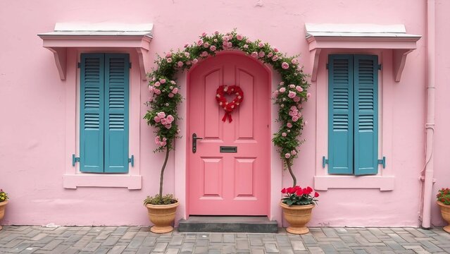 Rosa T&uuml;r mit Herzkranz und Blumendekoration, eingerahmt von pinker Fassade und blauen Fensterl&auml;den. Romantischer, verspielter Look.