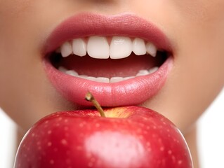 Close-up of a woman's mouth holding a red apple, showcasing healthy teeth and a playful expression