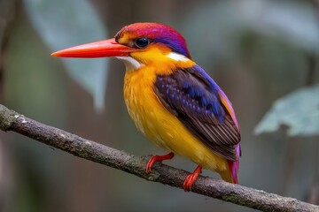 A vibrant kingfisher perches on a branch its colorful plumage a striking mix of red purple yellow and black