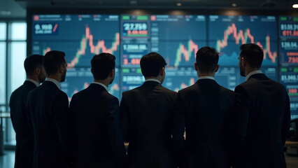 Businessmen analyzing financial charts on large digital screens in office