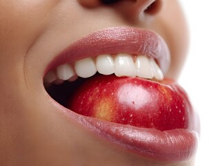 Close-up of a smiling person holding a red apple in their mouth, highlighting healthy eating habits