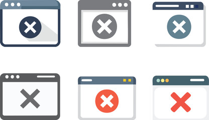 Vector Illustration of Six Stylized Computer Window Icons Arranged in a Grid Layout Featuring Simplified Application Frames with Close Error Symbols in Minimalist Design

